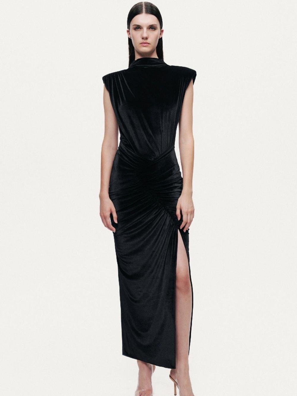 Sleeveless Black Ruched Velvet Midi Dress with High Neck and Side Slit